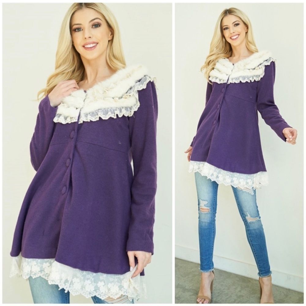 Butterfly Dsigns A’reve Purple Button Down Tunic with Faux Fur and Lace Trim